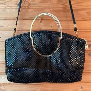 Chainmail Purse Clutch Black Gold Handles Fold Shoulder Disco 70s Warren Reed